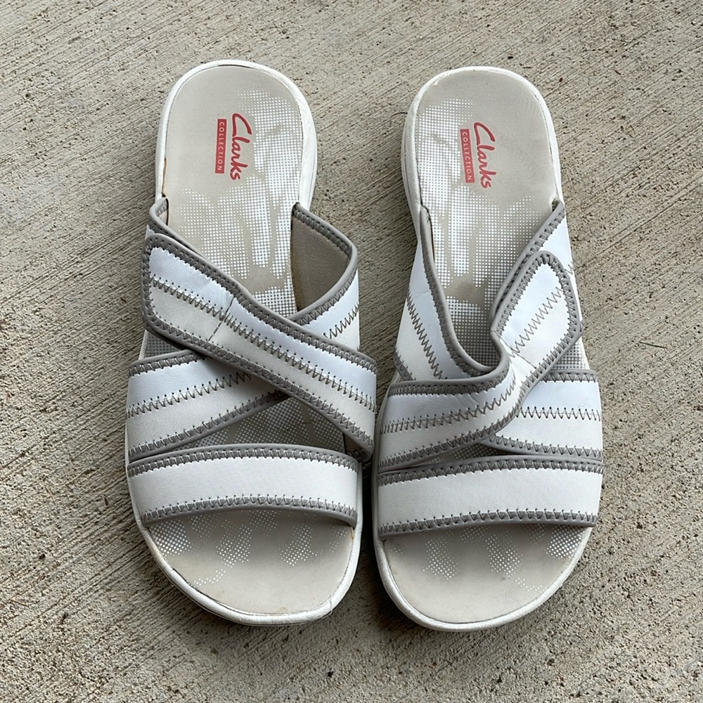 Size 7 Clarks sandals with white/grey straps